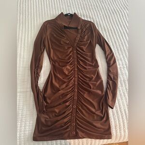Brown Ruched Button-Down Dress
